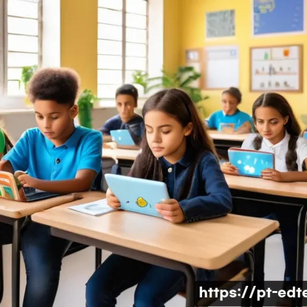 교육공학과 교육용 소프트웨어 - A modern digital classroom scene in Brazil featuring diverse students using tablets and laptops, eng...