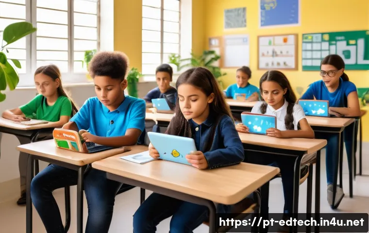 교육공학과 교육용 소프트웨어 - A modern digital classroom scene in Brazil featuring diverse students using tablets and laptops, eng...