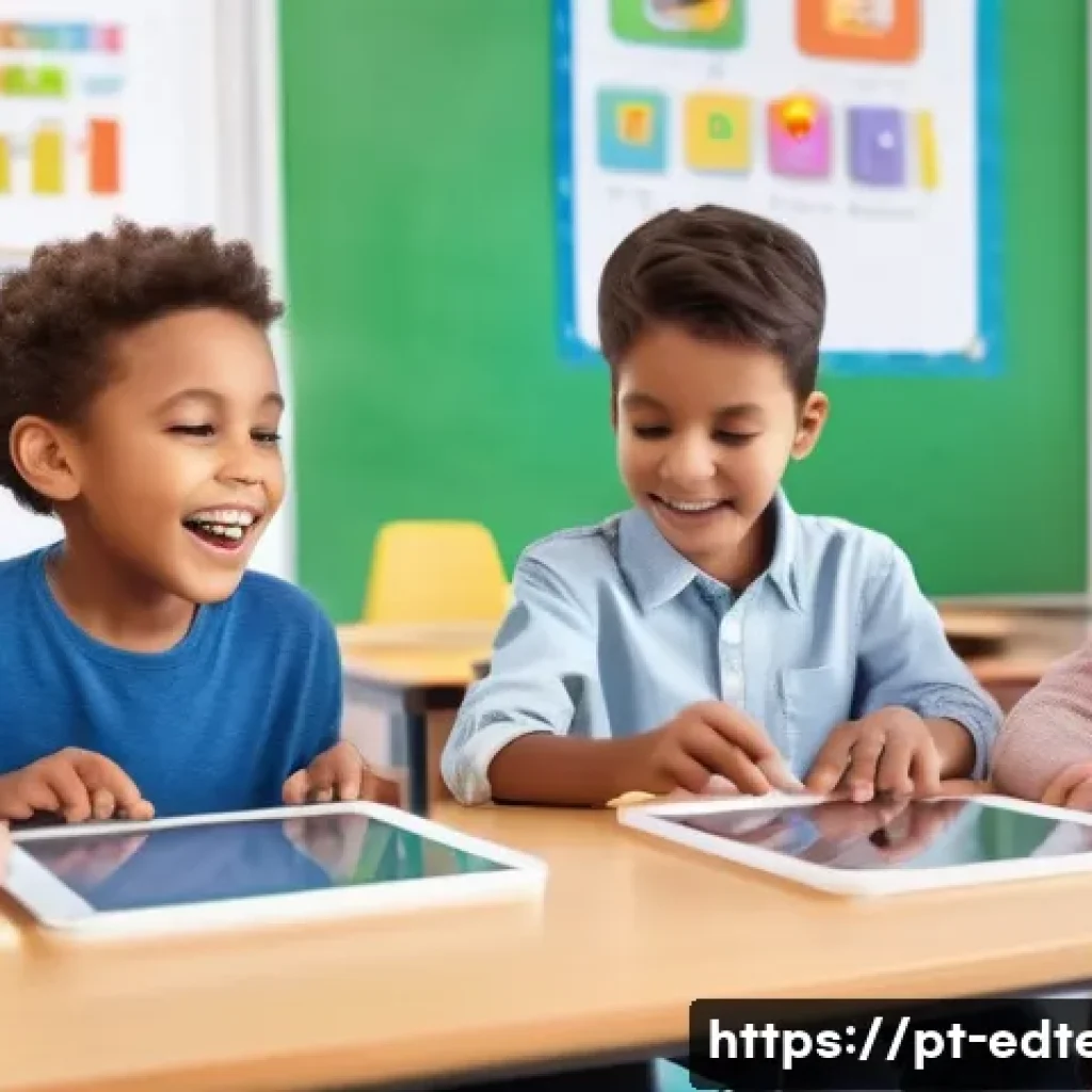 교육공학과 유아 교육 기술 - A bright and colorful classroom scene showing young children aged 5-7 actively engaging with digital...