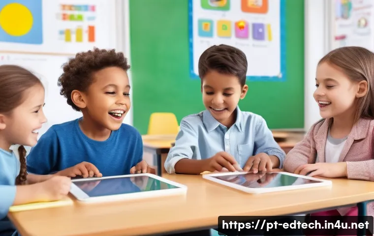 교육공학과 유아 교육 기술 - A bright and colorful classroom scene showing young children aged 5-7 actively engaging with digital...
