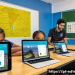 Home 22 교육공학과 데이터 기반 교육 - A modern classroom scene in Brazil featuring diverse students using adaptive learning software on ta...