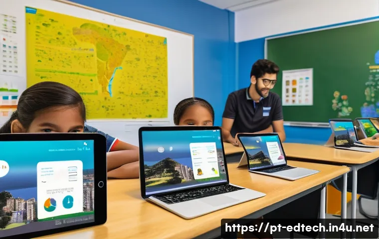 교육공학과 데이터 기반 교육 - A modern classroom scene in Brazil featuring diverse students using adaptive learning software on ta...