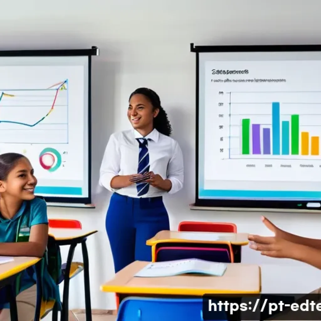 교육공학과 데이터 시각화 기술 - A vibrant modern classroom scene in Brazil featuring a diverse group of teenage students and a teach...