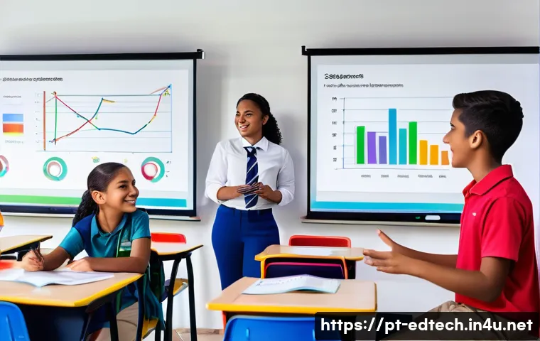 교육공학과 데이터 시각화 기술 - A vibrant modern classroom scene in Brazil featuring a diverse group of teenage students and a teach...