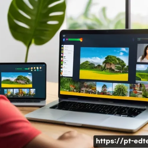 Home 32 교육공학과 비대면 수업 기술 - A modern virtual classroom scene showing diverse students from Brazil actively participating in an o...
