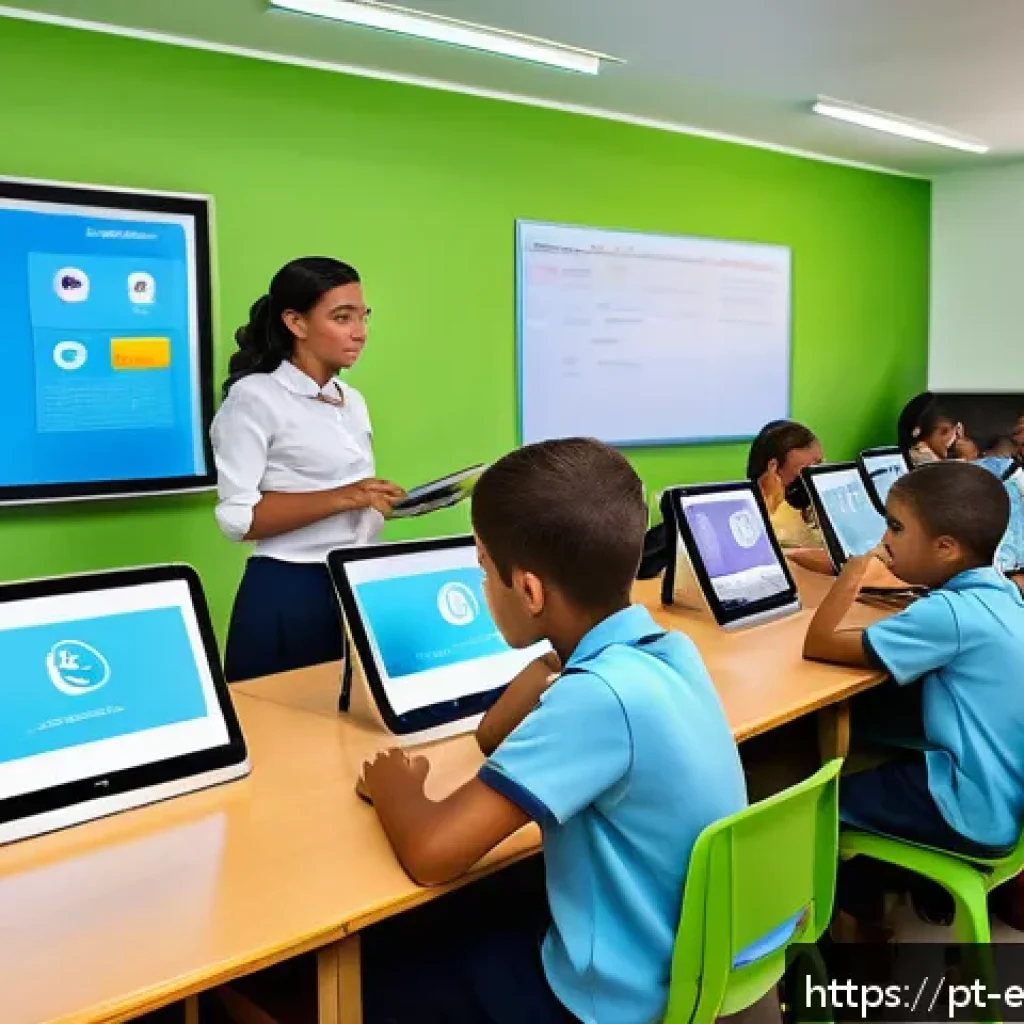 교육공학과 실시간 평가 시스템 - A modern classroom scene in Brazil with diverse students using tablets and laptops, teachers monitor...