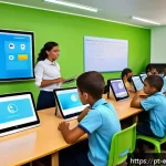 Home 19 교육공학과 실시간 평가 시스템 - A modern classroom scene in Brazil with diverse students using tablets and laptops, teachers monitor...
