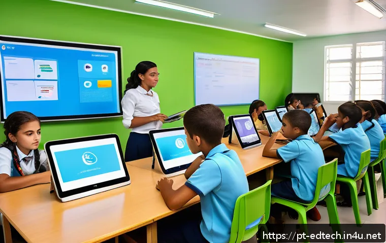교육공학과 실시간 평가 시스템 - A modern classroom scene in Brazil with diverse students using tablets and laptops, teachers monitor...
