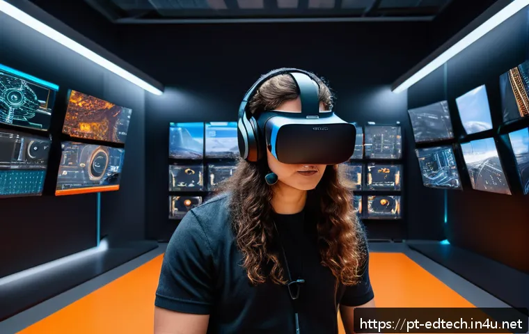 교육공학과 VR 실험실 구축 - A modern virtual reality engineering laboratory scene featuring students wearing comfortable Oculus ...