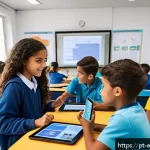 Home 23 교육공학과 미래 교육 기술 - A diverse classroom scene in a Brazilian school featuring students of various ages engaging with int...
