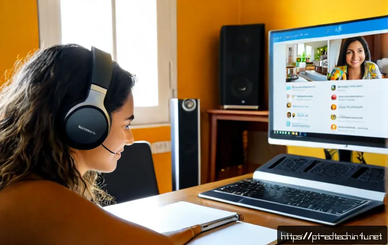 교육공학과 실시간 온라인 교육 - Photorealistic university educational technology student leading a live online class from a bright h...